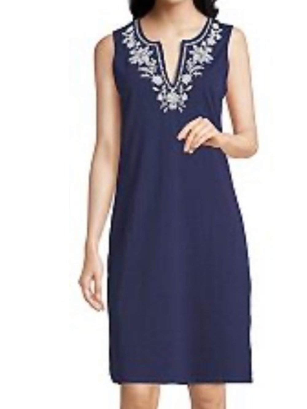 Lands' End Navy Sleeveless V-Neck Cotton Dress with White Floral Embroidery
